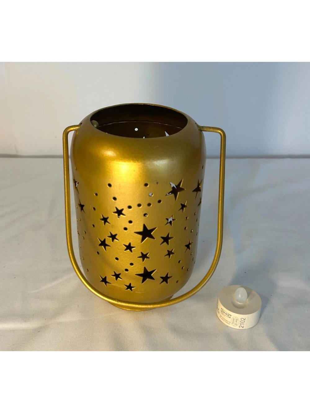 Hanging Votive Candle Holder Metal Brushed Gold Star Design w/ LED candle